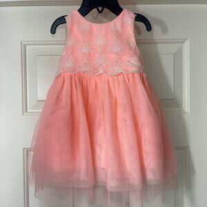Rare Editions Baby Embroidered Dress Girls Size 12 Month Popover Mesh Neon Coral